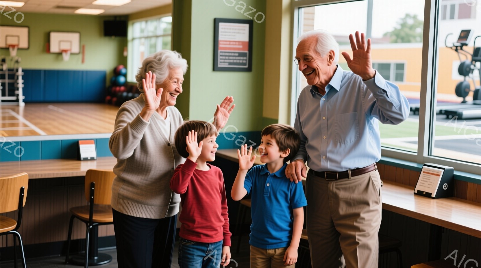 白髪の女性と男性、そして2人の幼い男の子が、室内で手を振っています。女性はグレーのセーターを着ており、男性は明るい青色のシャツにベージュ色のズボンを合わせています。背景には、バスケットボールコートのような体育館の一室が見え、明るい日差しが差し込んでいる様子から、晴れた日の穏やかな雰囲気が伝わってきます。