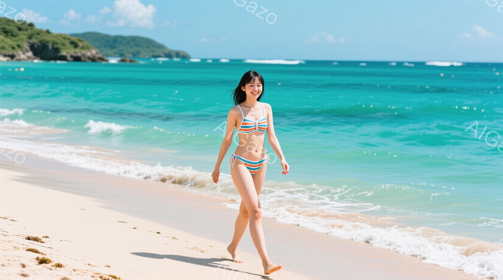 金髪の女性が白い砂浜を歩いています。彼女はオレンジと青のストライプのビキニを着ており、髪は後ろで結ばれています。背景にはターコイズブルーの海と緑豊かな丘が見え、晴天で穏やかな夏の日の雰囲気が漂っていま - AI生成フリー素材