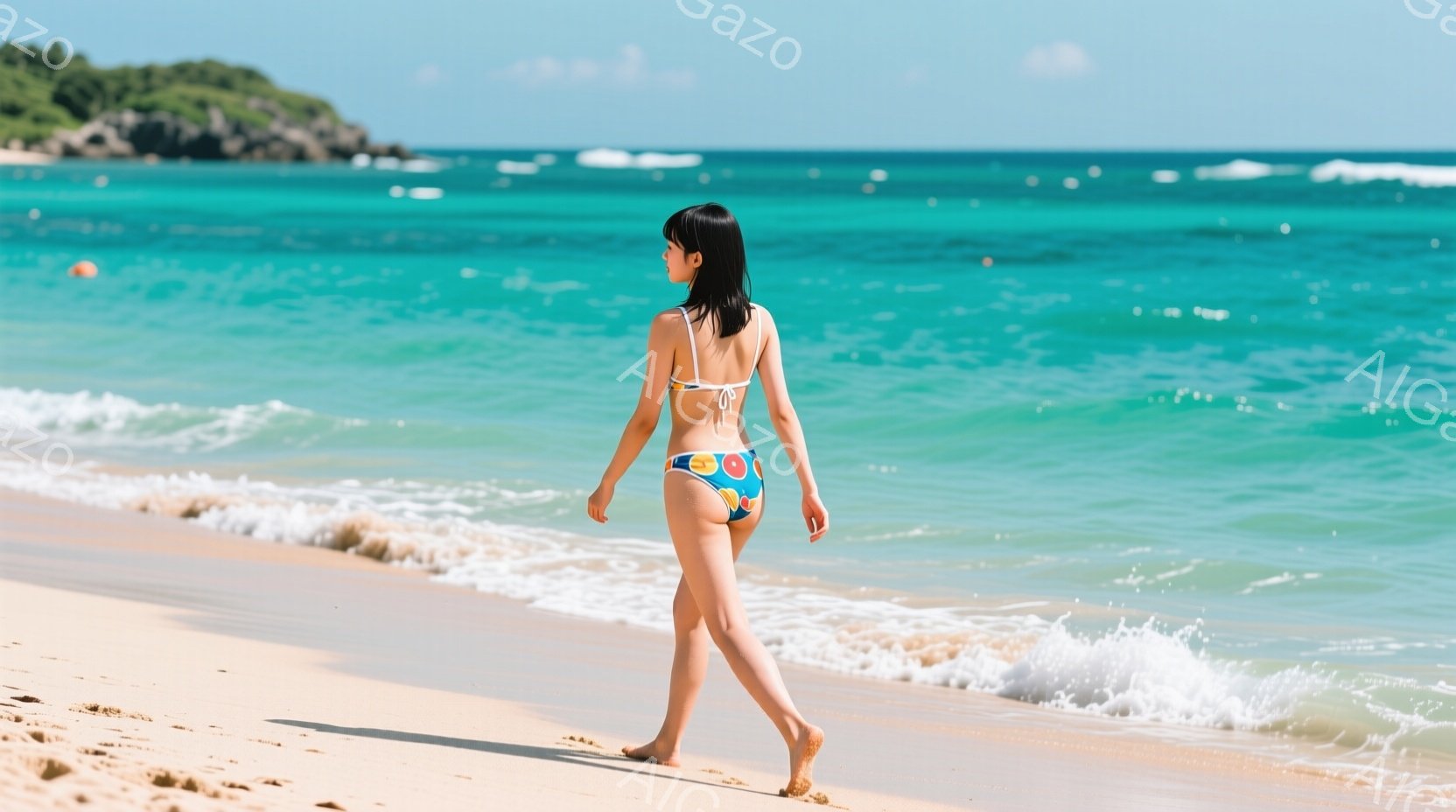 金髪の女性が白い砂浜を海に向かって歩いている。彼女はオレンジと青のビキニを着ており、髪は後ろで結ばれている。背景にはターコイズブルーの海と白い波が広がり、晴天で穏やかな夏の雰囲気が漂っている。 - AI生成フリー素材