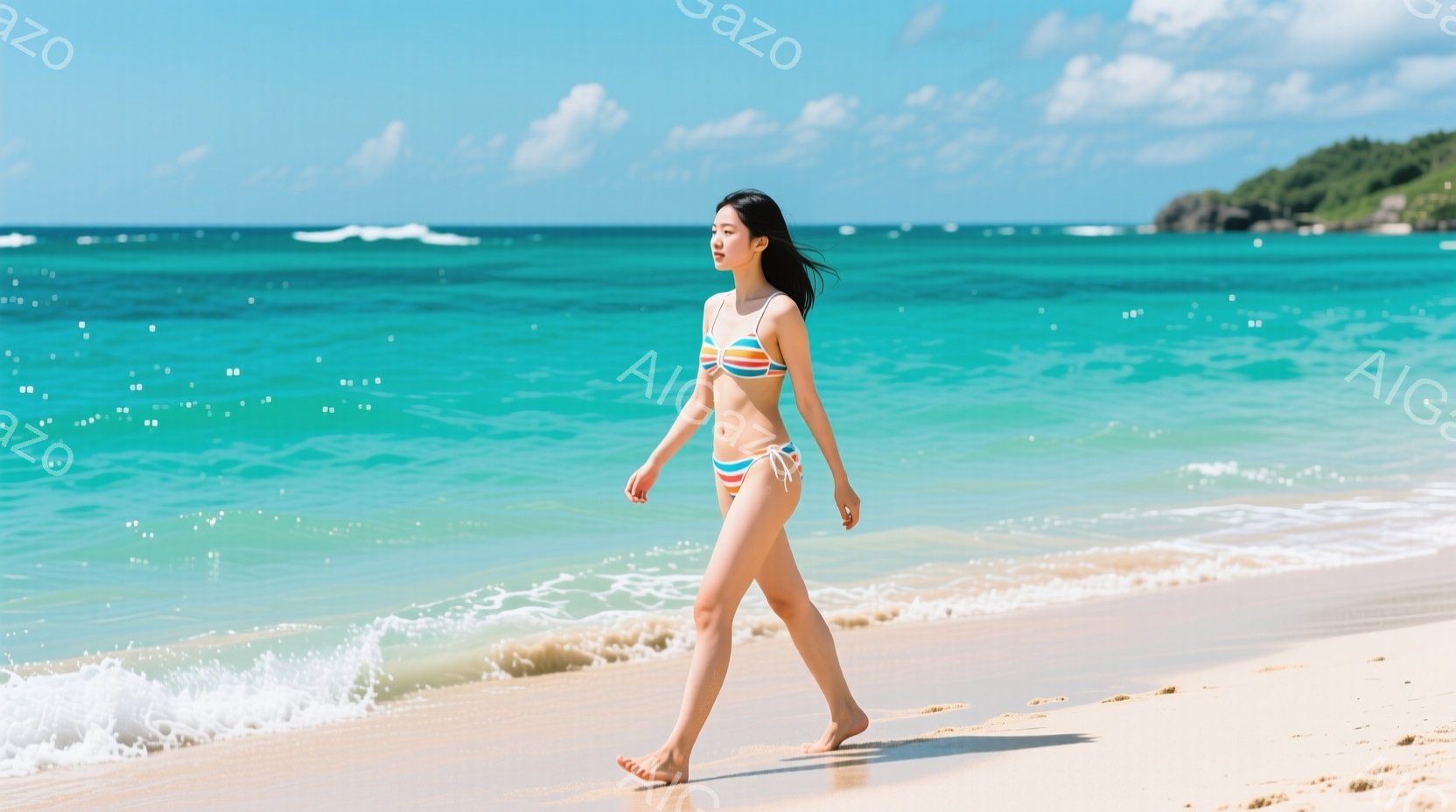 白い砂浜を歩く女性が写っています。彼女はオレンジと白のストライプのビキニを着ており、長い黒髪を後ろでまとめています。背景にはターコイズブルーの海と青い空が広がり、晴天で穏やかな夏の日の雰囲気が漂ってい - AI生成フリー素材