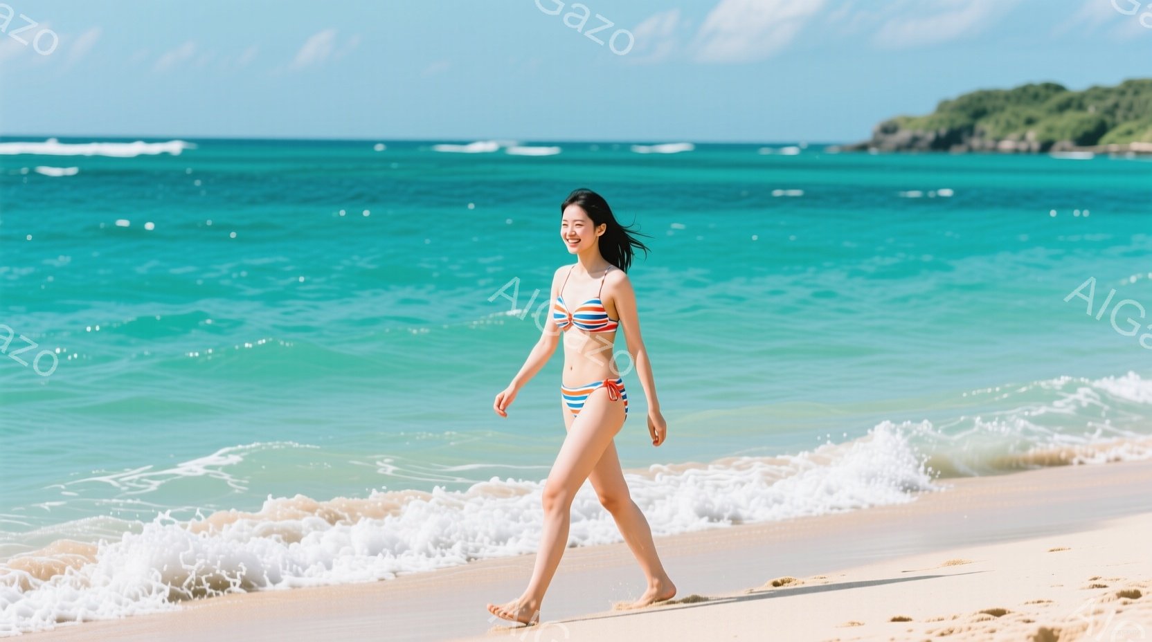 金髪の女性が砂浜を歩いている。彼女は赤いストライプのビキニを着ており、濡れた長い髪が風になびいている。背景にはターコイズブルーの海が広がり、晴れた空と白い波が夏らしい雰囲気を醸し出している。 - AI生成フリー素材