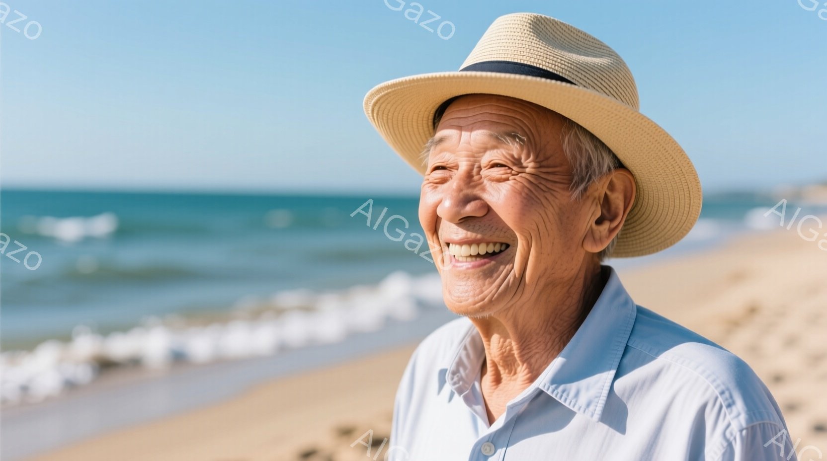 白髪の高齢男性が麦わら帽子と水色のシャツを着て、満面の笑みを浮かべている。彼はわずかに上目遣いで、遠くを見つめているようなポーズをとっている。背景には穏やかな波が打ち寄せる砂浜と、晴れた青空が広がり、 - AI生成フリー素材