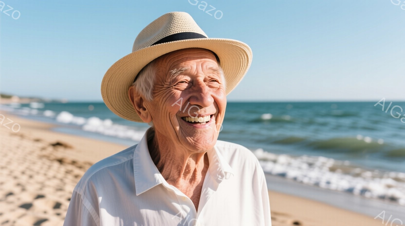 白髪の老人が麦わら帽子と白シャツを着て、満面の笑みを浮かべている。彼はわずかに上を見上げ、リラックスした様子で砂浜に立っている。背景には穏やかな海と白い波が広がり、晴れた日の穏やかな雰囲気が漂っている - AI生成フリー素材