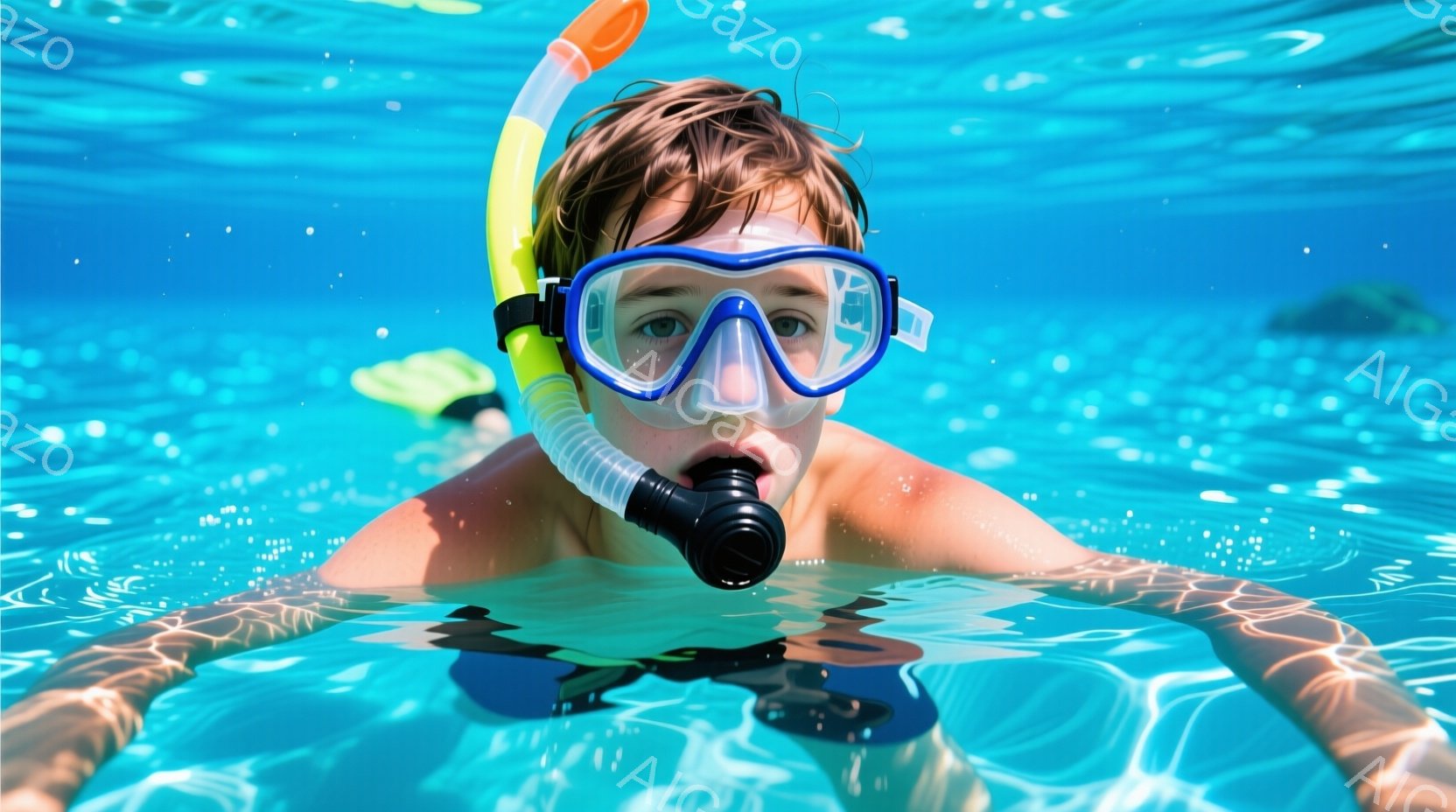 水中でゴーグルとシュノーケルを装着した少年が写っている。彼は明るい青色の水の中で顔を水面に向けており、リラックスした表情をしている。背景は水面の反射と、ぼんやりと見える海底の砂地で、晴れた日の穏やかな海中でのアクティビティを彷彿とさせる。
