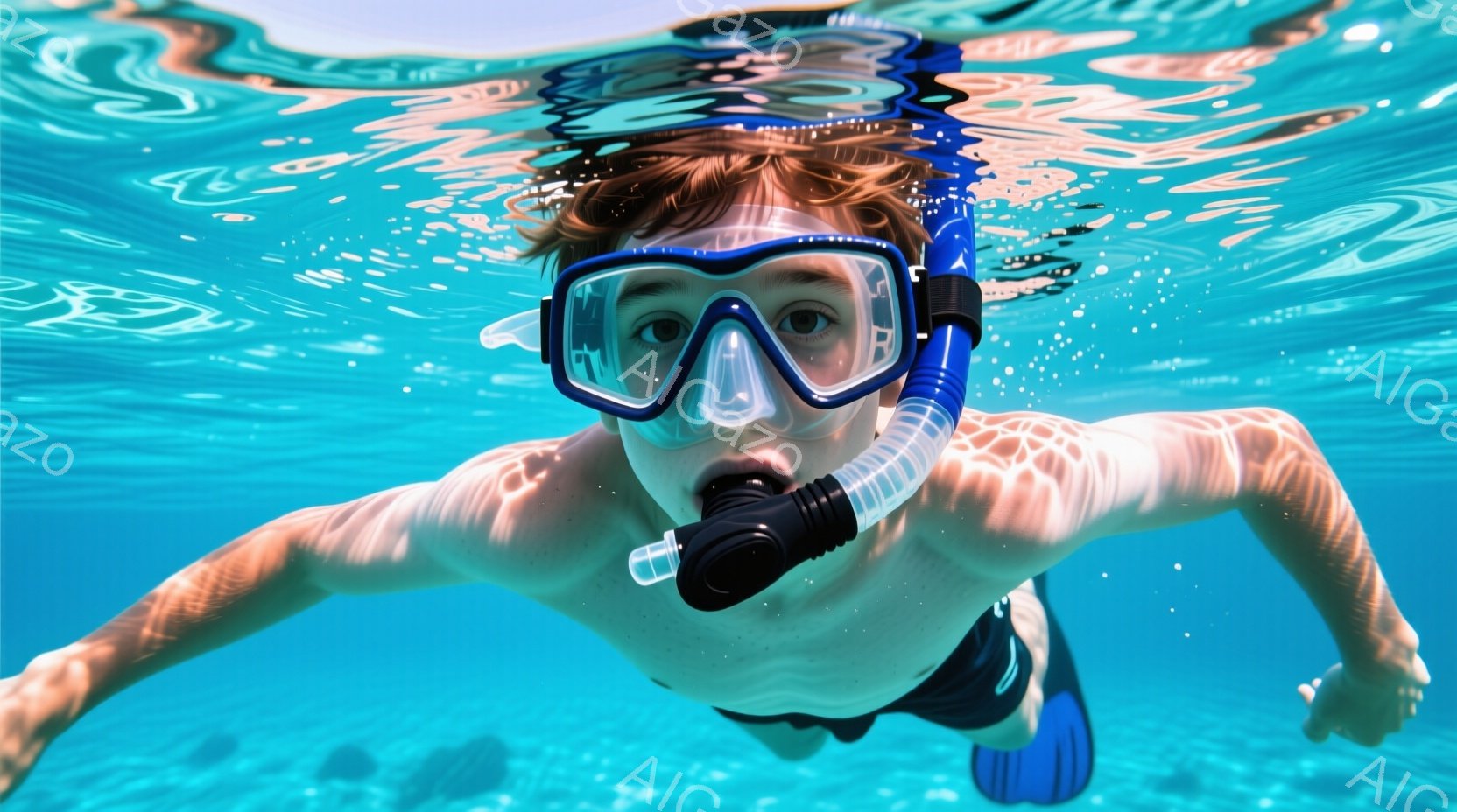 若い男性が水中で泳いでいる様子が写っている。彼は青いゴーグルとシュノーケルを装着し、水中にいるため髪は濡れて広がっている。背景は水面で、水がキラキラと光を反射しており、穏やかでリラックスした雰囲気である。