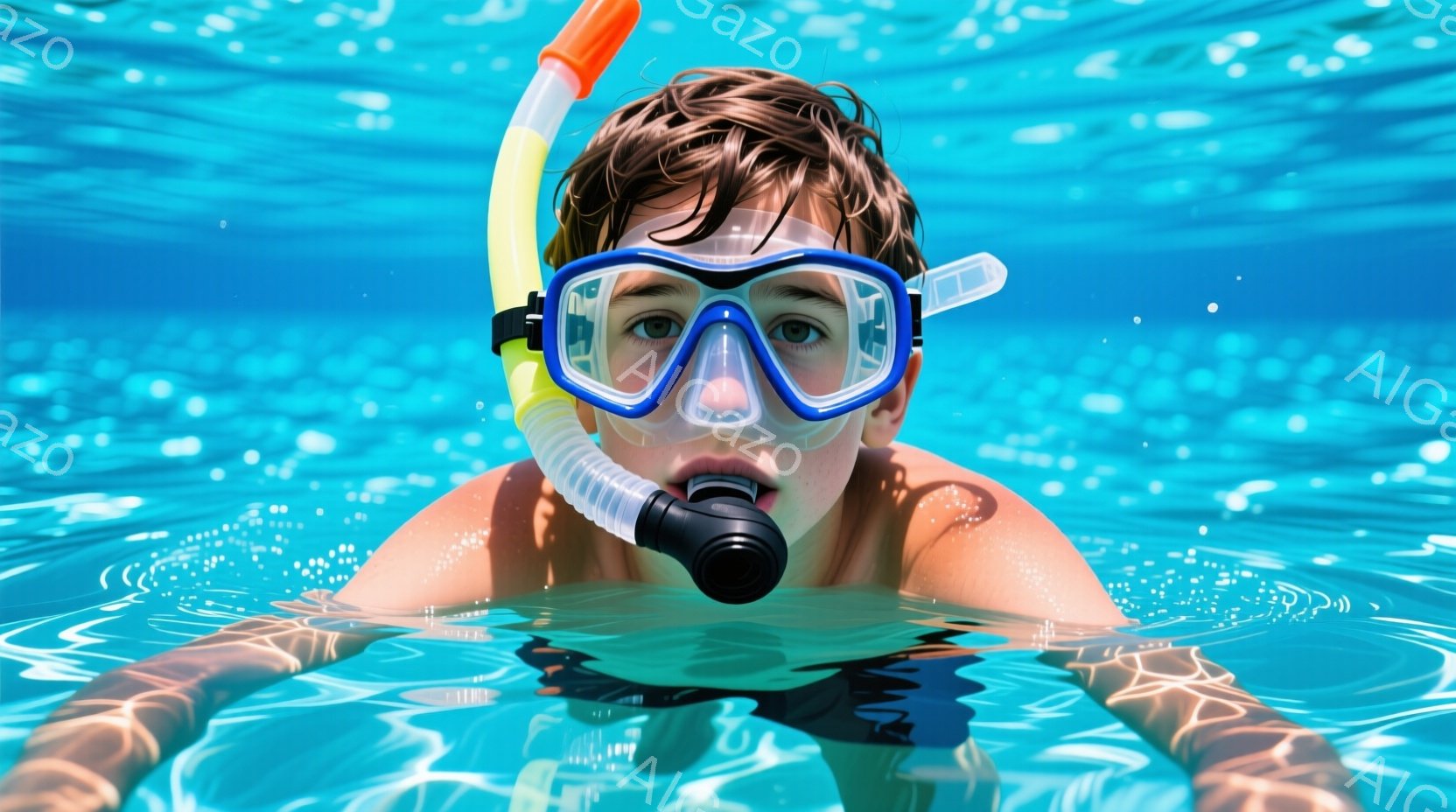 水中にいる若い男の子を捉えています。彼は水泳ゴーグルとシュノーケルを装着し、水面を見上げています。背景は水の色で、全体的に穏やかで爽やかな雰囲気が漂っています。