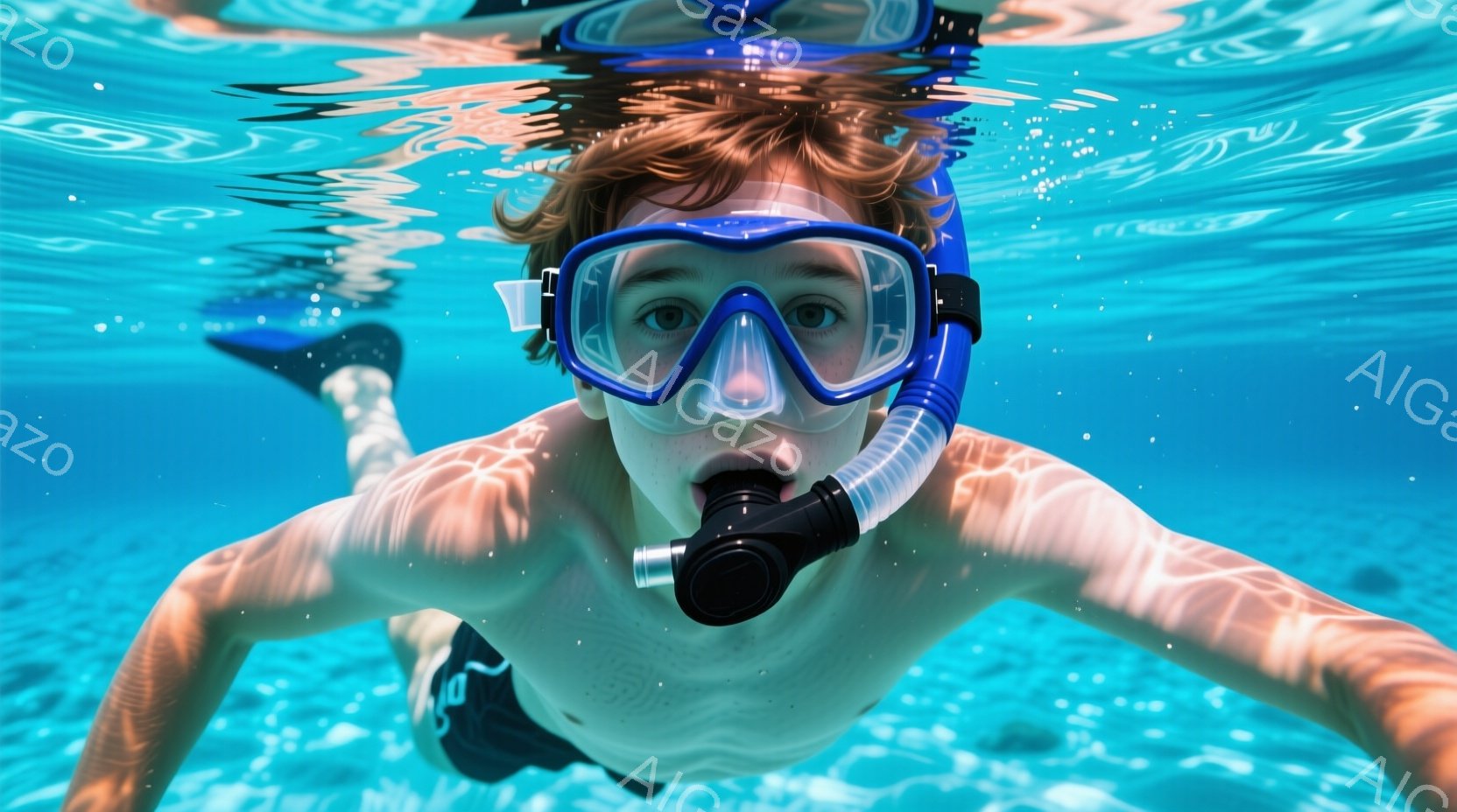 水中で少年が正面を向いて泳いでいる。彼は水色のゴーグルとシュノーケルを装着し、金髪を水中でばらばらにしている。背景はターコイズブルーの水で、穏やかで明るい雰囲気である。