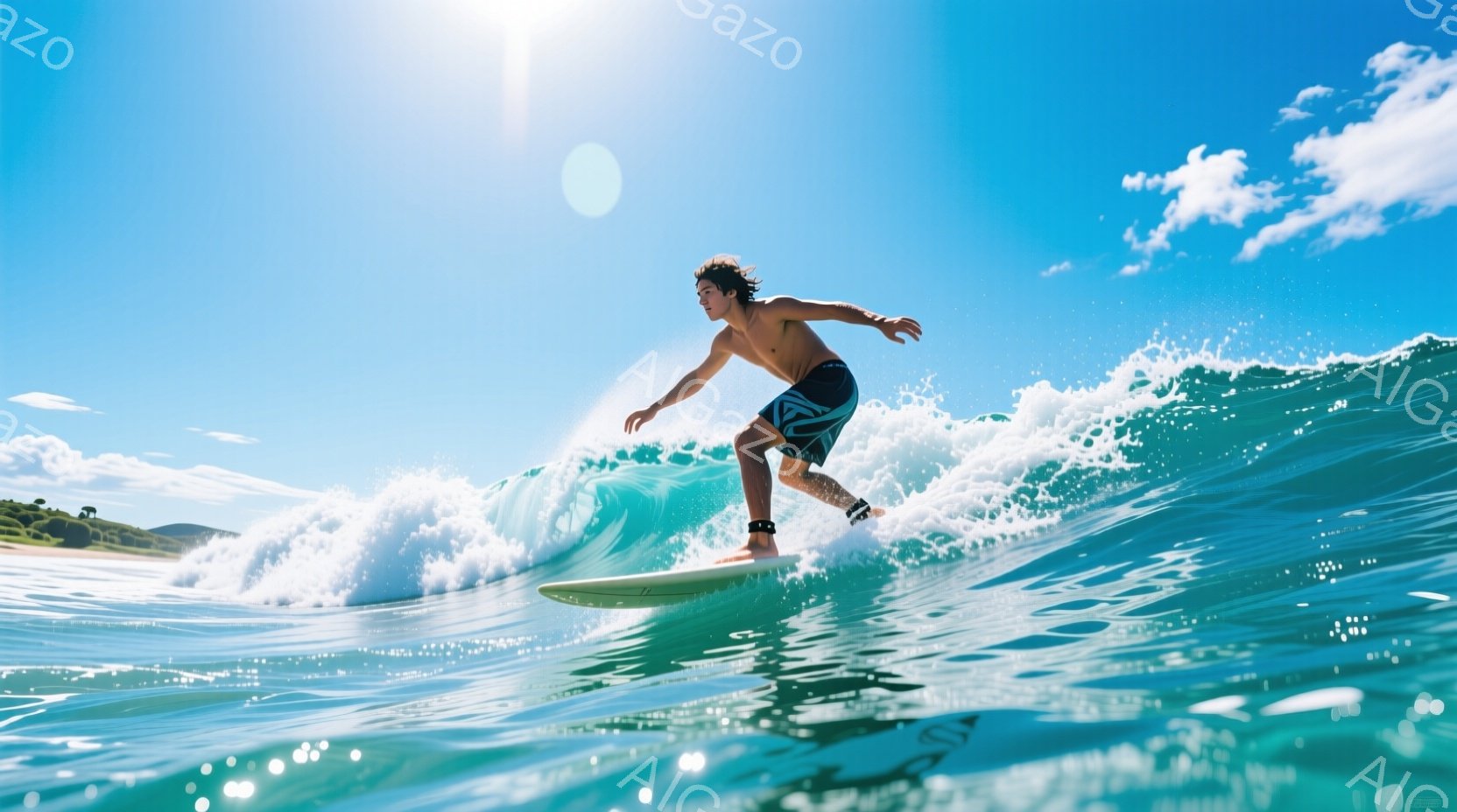 若い男性がサーフボードに乗って波に乗っている様子が捉えられています。彼は黒い水着を着用し、濡れた髪は無造作に跳ねています。背景には青い空、白い雲、そして遠くの海岸線が見え、晴れた日の海の爽やかな雰囲気が伝わってきます。