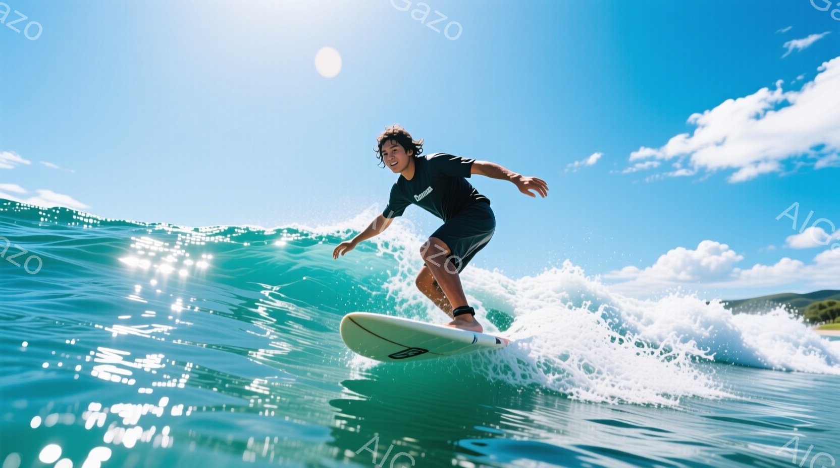 若い男性がサーフボードに乗って波に乗っている様子が写っている。彼は黒い半袖シャツと短パンを着用し、濡れた髪は無造作に跳ねている。背景には青い空と緑の丘が見え、太陽の光が水面に反射してキラキラと輝き、爽やかな夏の雰囲気を醸し出している。