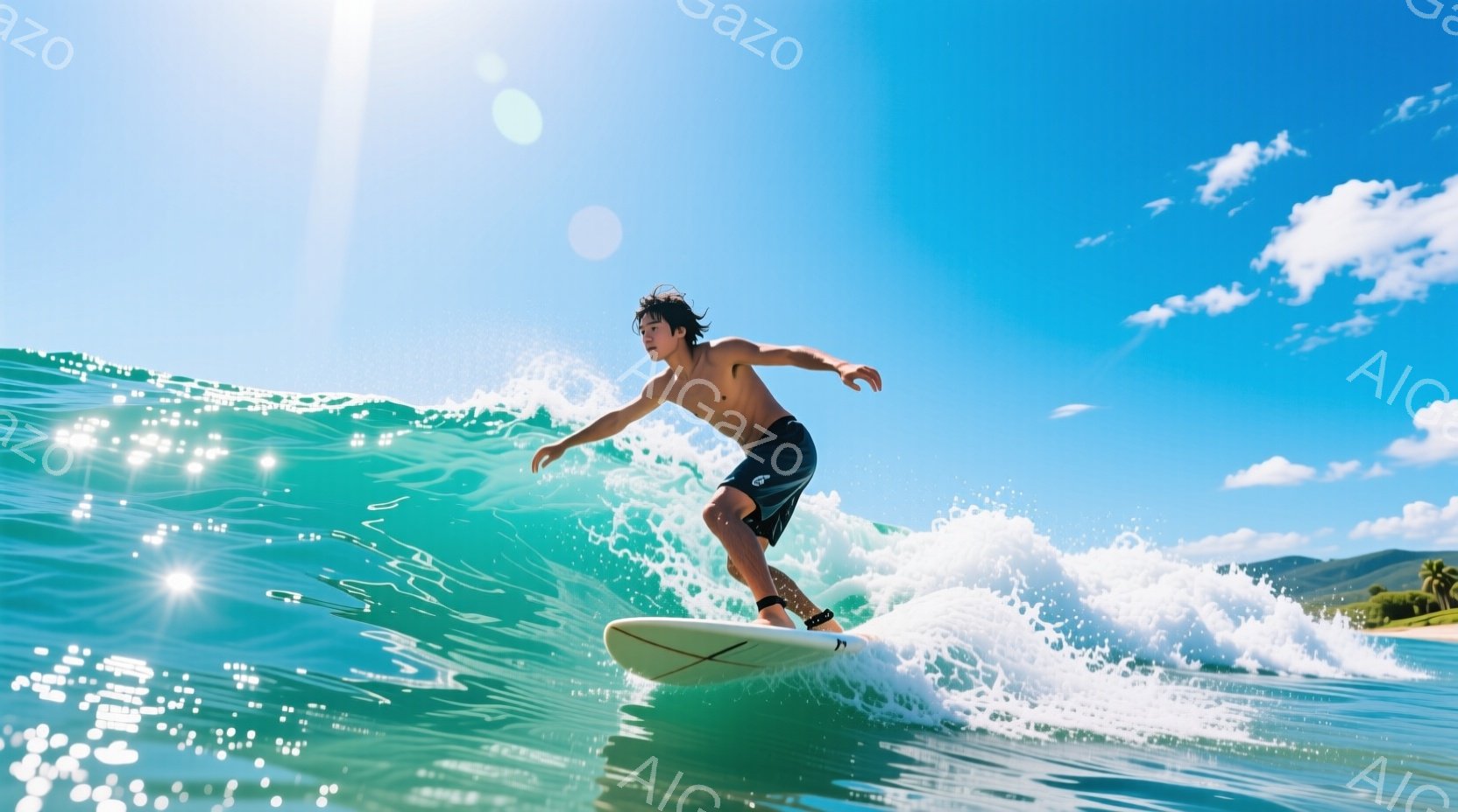 鮮やかな青色の海で、サーファーが波に乗っている様子が捉えられています。彼は黒い水着姿で、濡れた髪が風になびき、集中した表情でボードの上でバランスを取っています。背景には緑豊かな山々と晴天の青空が広がり、光のフレアが水面に反射し、爽やかで活気のある雰囲気を醸し出しています。