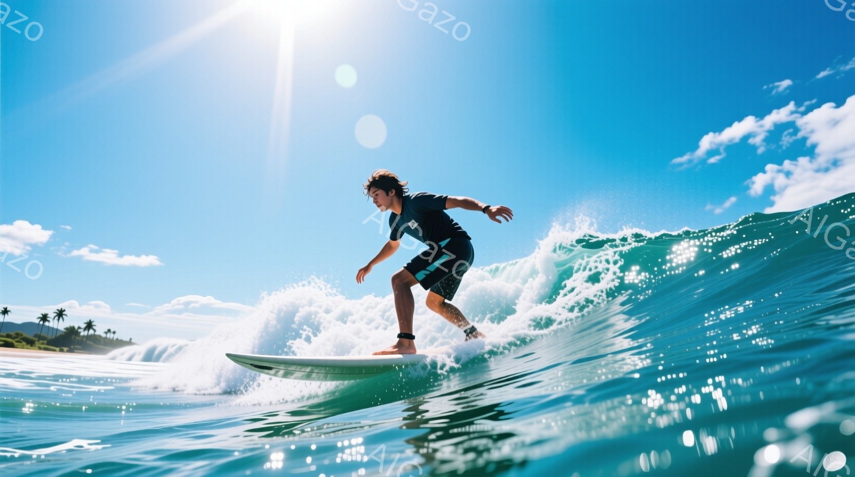 鮮やかな青色の波の上をサーファーが乗りこなしている様子が捉えられています。サーファーは黒いウェットスーツと黒いショートパンツを着用し、濡れた髪をしています。背景にはヤシの木が見え、晴天で波が輝き、爽やかでダイナミックな雰囲気を醸し出しています。