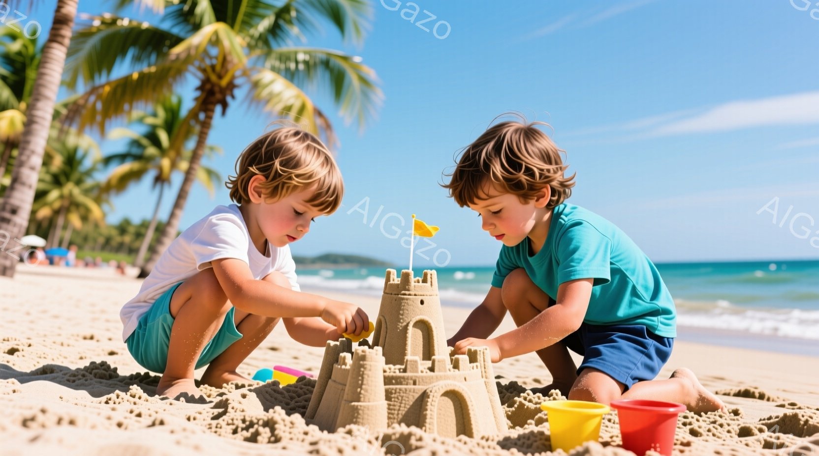 二人の少年が砂浜で砂の城を作っています。一人は白いTシャツと短いズボン、もう一人はターコイズブルーのTシャツと紺色の短いズボンを着ており、どちらも髪は少しカールしています。背景にはヤシの木が生い茂り、青い海と空が広がっており、晴れた日の穏やかなビーチの雰囲気が伝わってきます。