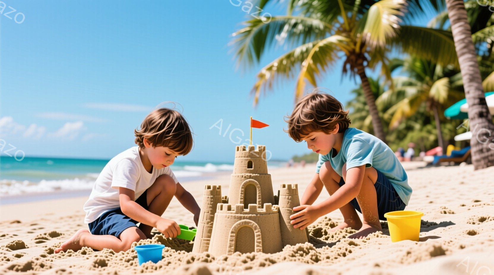 二人の少年が砂浜で砂の城を作っています。彼らはそれぞれ青い水着と白いTシャツを着ており、髪は少し濡れて無造作にセットされています。背景にはヤシの木が生い茂り、青い海と空が広がっており、晴れた日の穏やかなビーチの雰囲気が漂っています。