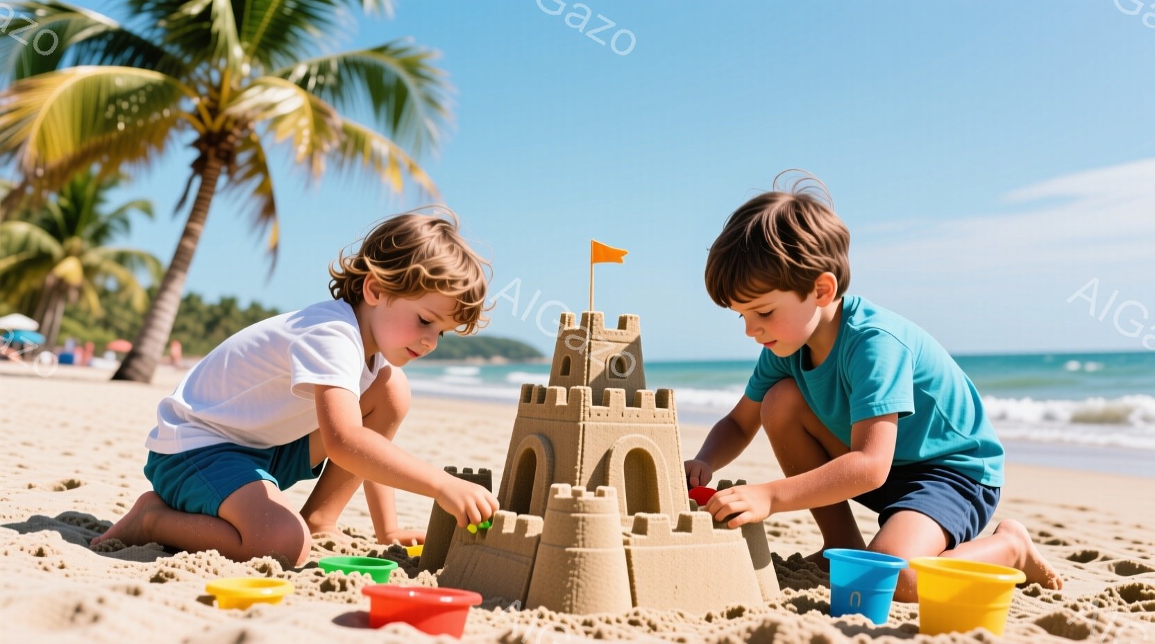 二人の少年が砂浜で砂の城を作っています。彼らはそれぞれ青い短パンを履き、一人は白いTシャツ、もう一人はターコイズブルーのTシャツを着ています。背景には青い海、ヤシの木、そして白い砂浜が広がり、晴天の下で明るく、遊び心溢れる雰囲気が漂っています。
