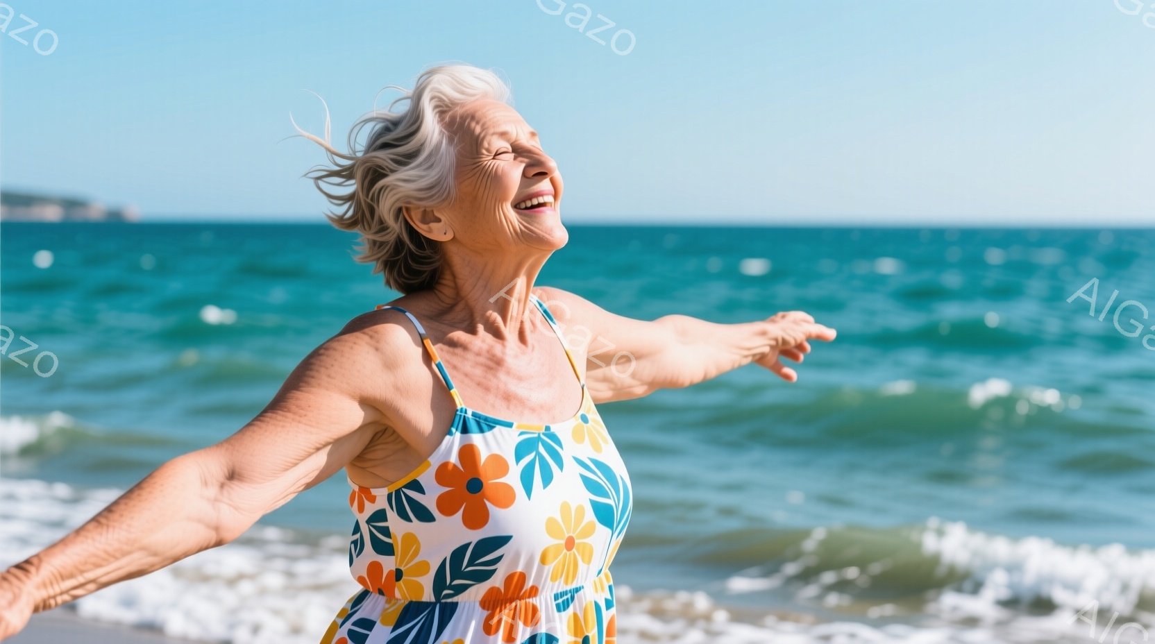 白い花柄のタンクトップドレスを着た高齢の女性が、両手を広げて目を閉じて立っています。彼女の白髪は風になびき、顔には喜びと解放感を表す笑顔が広がっています。背景には青い海と白い波が広がり、晴れた空の下、開放的で穏やかな雰囲気が漂っています。