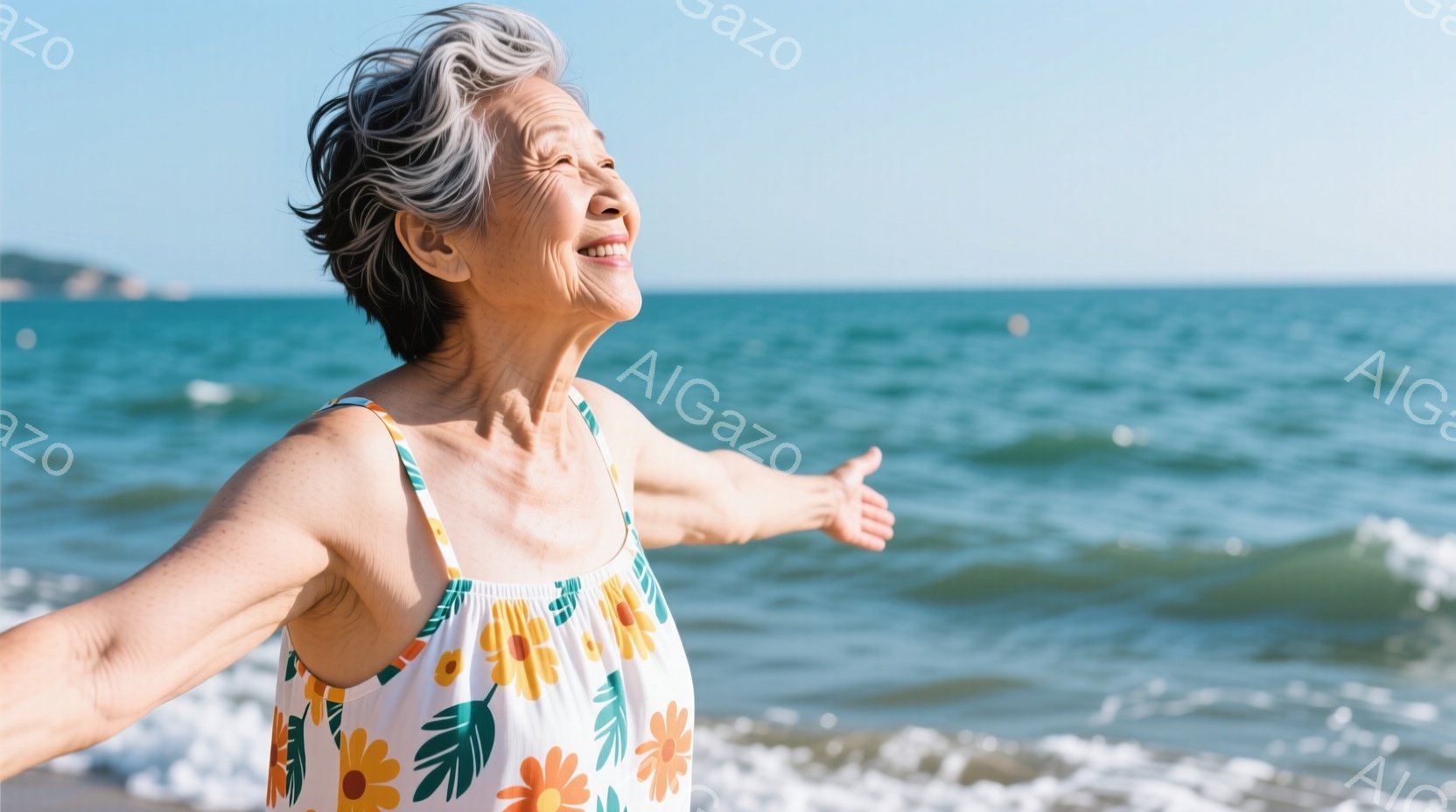 白髪の女性が、花柄の白いワンピースを着て、両手を広げて目を閉じています。背景には穏やかな青い海と白い波が広がり、晴れた空の下でリラックスした雰囲気が漂っています。彼女は満面の笑みを浮かべ、喜びと解放感 - AI生成フリー素材