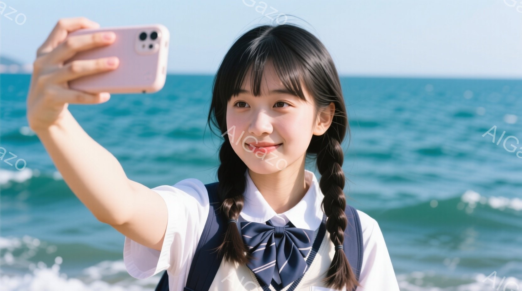 明るい笑顔の若い女性が、海を背景に自撮りしている。彼女は白いシャツにネイビーのネクタイとベストを着ており、髪は二つに編み込まれている。背景には青い海と白い波が広がり、晴れた空の下、開放的な雰囲気が感じ - AI生成フリー素材