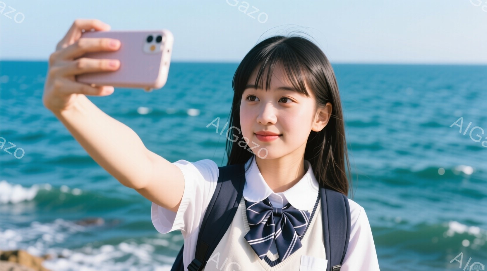 制服を着た若い女性が、セルフポートレートを撮影しています。彼女は濃い色の前髪と、肩までの長さのストレートヘアで、少し微笑んでいます。背景には、青い海と白い波が広がり、晴れた日の穏やかな雰囲気が漂っています。