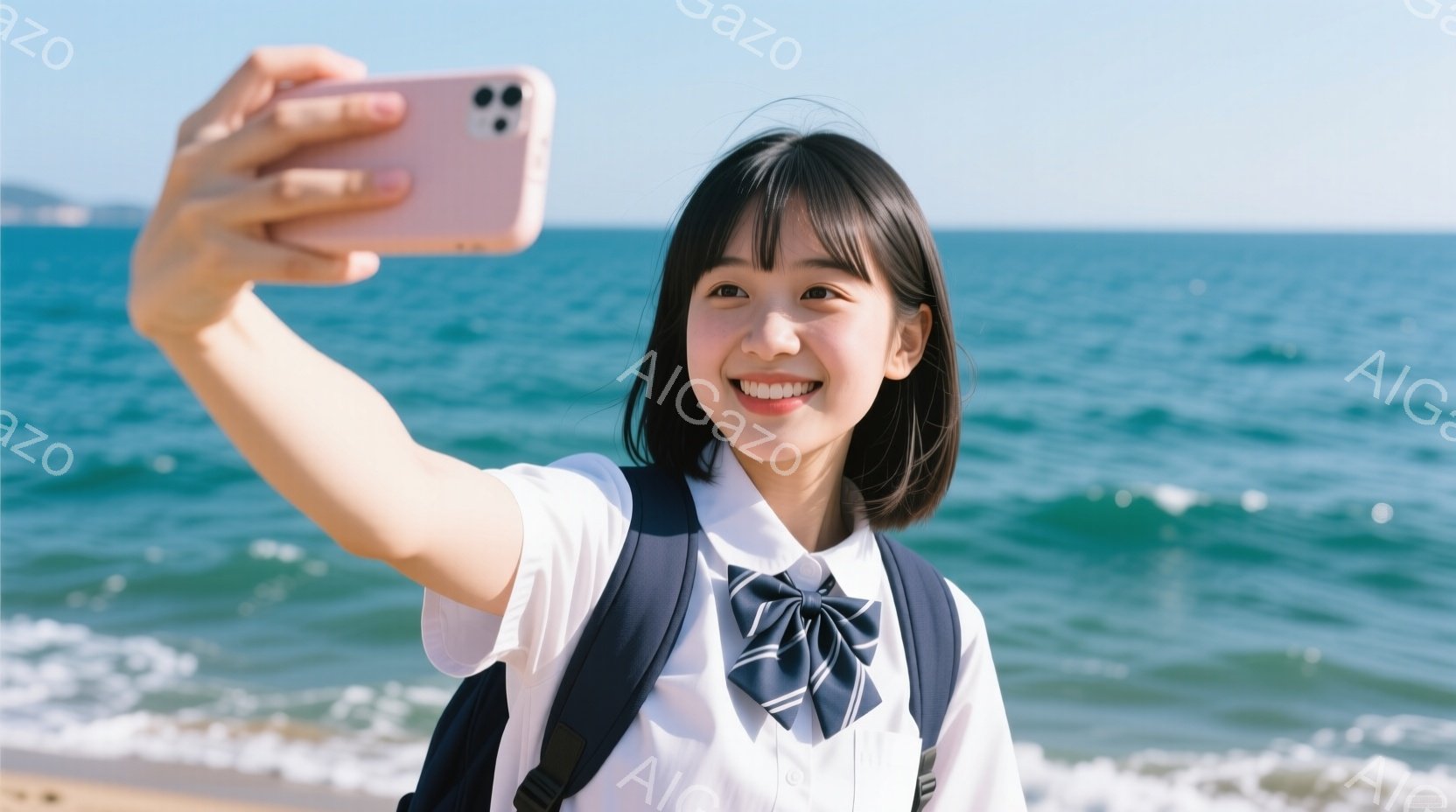 制服を着た若い女性が写っており、彼女はスマートフォンで自撮りをしています。彼女は明るい笑顔で、短いダークブラウンのヘアスタイルで、首には濃い青色のネクタイを結んでいます。背景には、青い海と白い波が広が - AI生成フリー素材