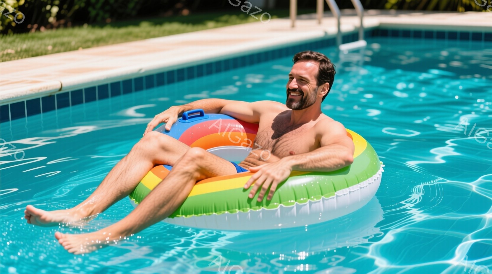 男はプールの中に浮き輪に乗ってリラックスしています。彼は短髪で、ひげを生やしており、笑顔でとても楽しそうです。背景には青い空と緑の木々が見え、晴れた日の穏やかな雰囲気を醸し出しています。 - AI生成フリー素材