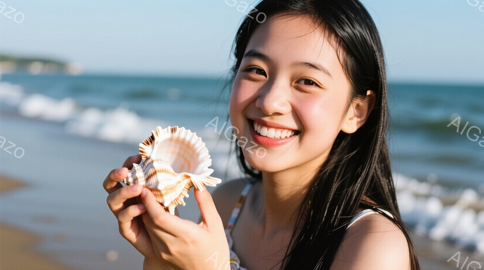 長い黒髪を後ろに流した若い女性が、貝殻を手に持ち、満面の笑顔を浮かべている。白い肩出しのトップスを着ており、背景には穏やかな波が打ち寄せる砂浜と青い海が広がっている。明るい日差しと女性の笑顔から、リラ - AI生成フリー素材