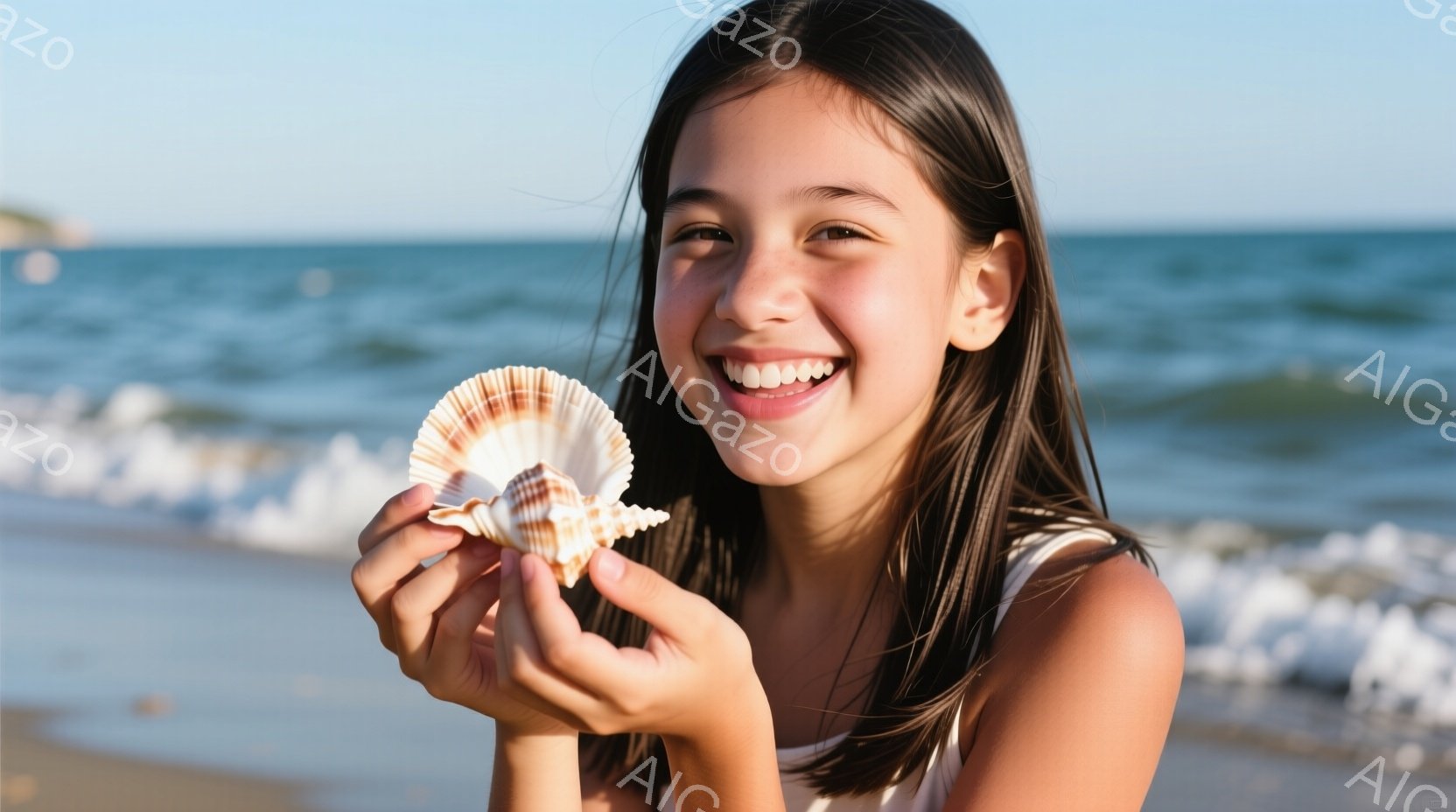 若い少女が砂浜で貝殻を両手で掲げて微笑んでいます。彼女は白いキャミソールを着ており、長く濃い髪は肩にかかっています。背景には穏やかな青い海と白い波が広がり、晴れた日の暖かい雰囲気が漂っています。