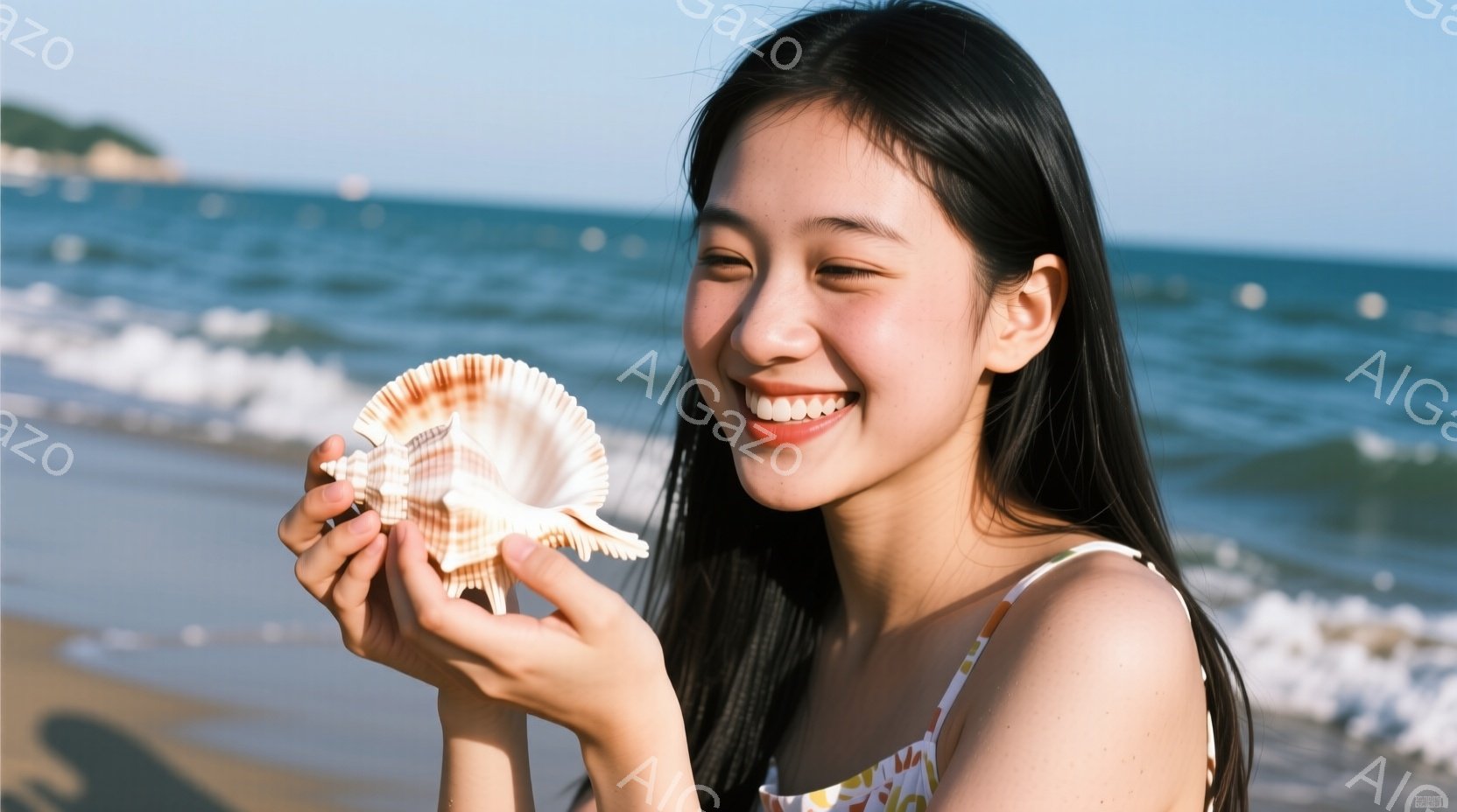 長い黒髪をなびかせ、白い花柄のトップスを着た女性が、貝殻を手に微笑んでいます。彼女は少し目を細め、満面の笑みを浮かべており、海岸の穏やかな波と青い空を背景に、幸せそうな雰囲気を醸し出しています。砂浜と - AI生成フリー素材