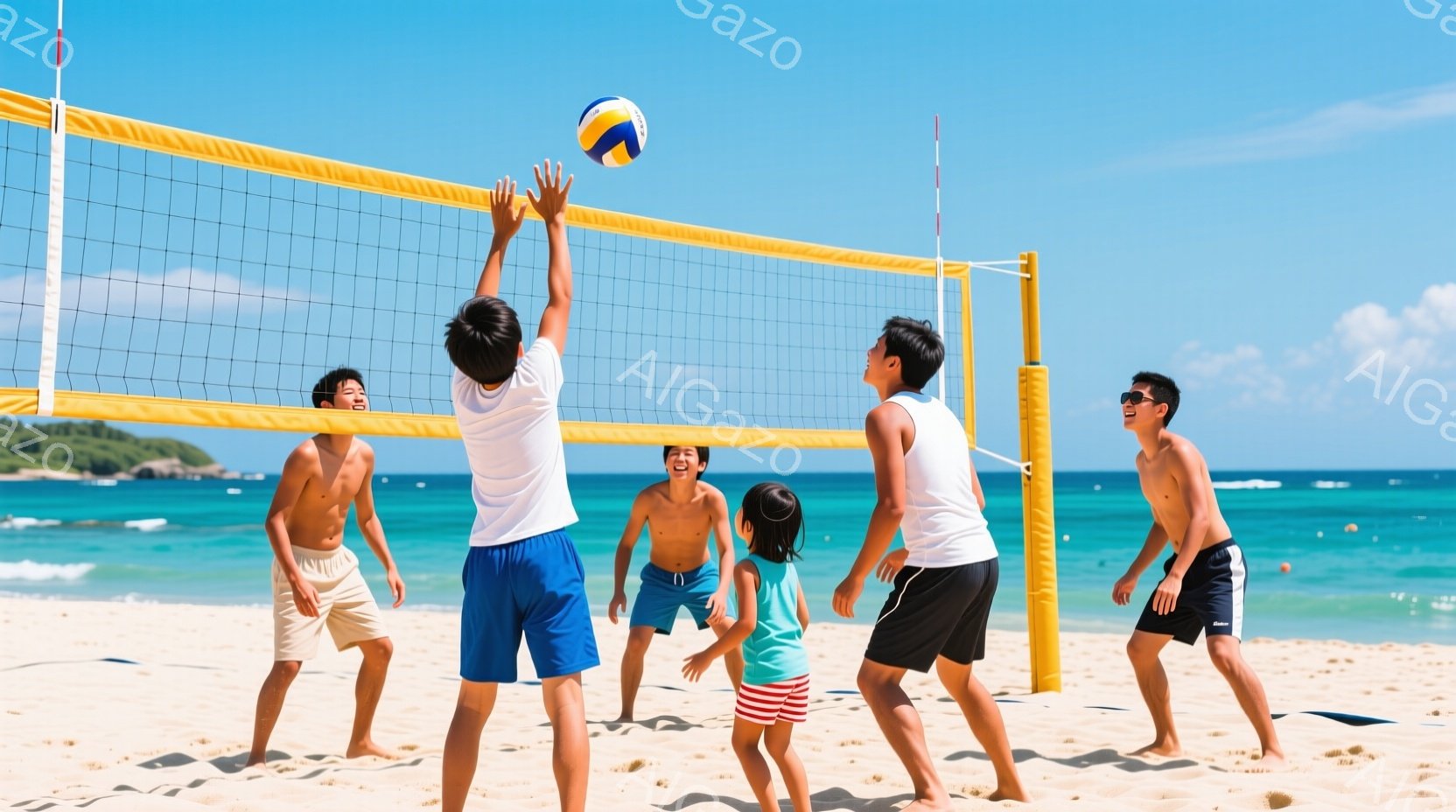 白砂のビーチでバレーボールをしている人々が写っています。男性は主に水着またはショーツとタンクトップを着ており、女性は赤いストライプのビキニを着ています。青い空と穏やかな海が背景に広がり、太陽の光が降り - AI生成フリー素材