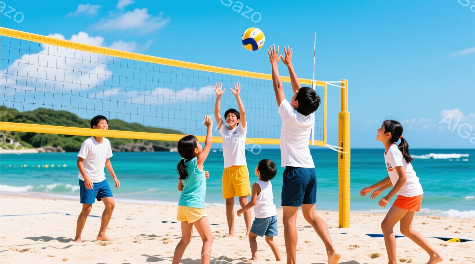 砂浜のバレーボールコートで、子供たちが楽しそうにバレーボールをしている様子が写っています。青い空とエメラルドグリーンの海が背景に広がり、子供たちはそれぞれ明るい色のTシャツと短パンを着用し、笑顔でジャ - AI生成フリー素材