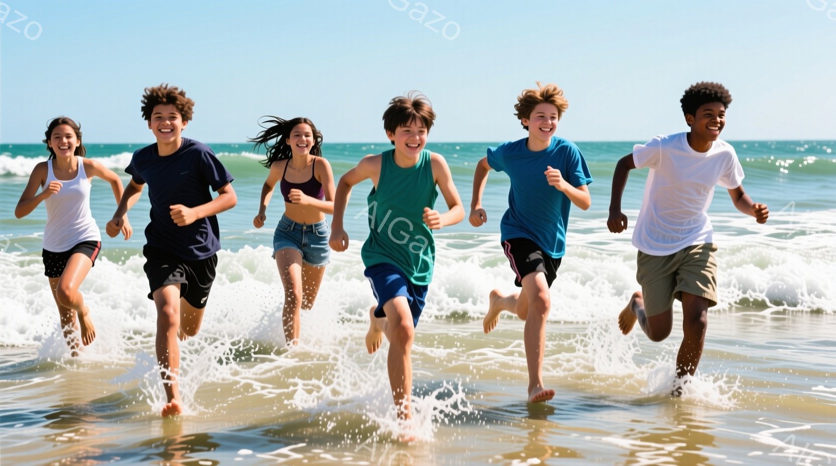 5人の若い人々が、膝まで水しぶきを上げながら海岸を走っている。彼らはそれぞれカラフルなTシャツとショーツを着用し、様々な髪型をしているが、皆笑顔で楽しんでいる様子が伺える。背景には穏やかな海が広がり、 - AI生成フリー素材