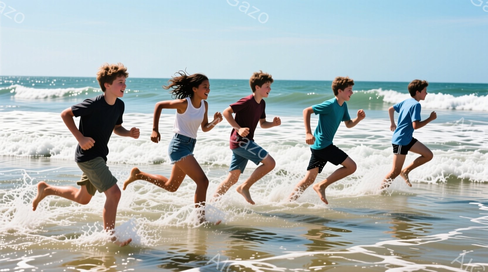 少年少女たちが海岸線を走っており、波しぶきをあげています。彼らはそれぞれ異なる色のTシャツと短パンを着用し、髪は風になびいています。背景には青い空と白い波が広がり、晴れた日の活気ある雰囲気を表現しています。