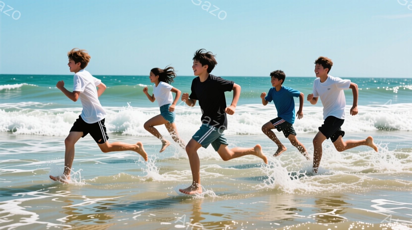 砂浜を駆け抜ける少年たちが写っている。彼らは皆、短いパンツとTシャツを着ており、それぞれ異なる色の服を着ている。背景には穏やかな海が広がり、晴天の下、爽やかな夏の雰囲気が漂っている。 - AI生成フリー素材