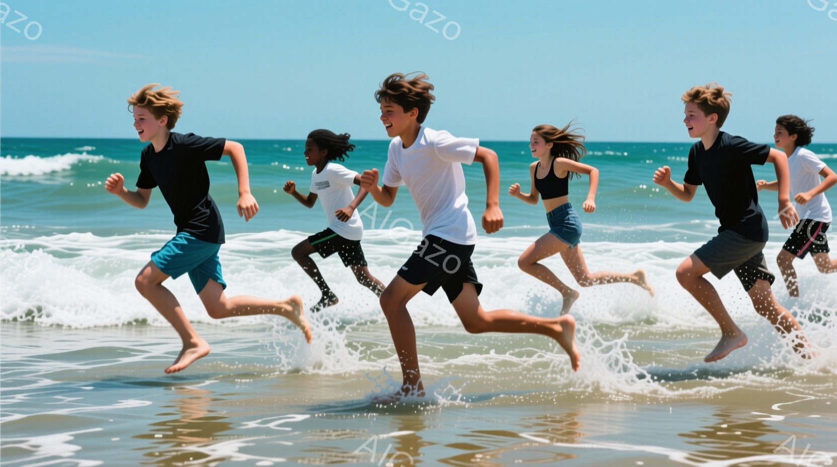 砂浜を数人の少年少女が海に向かって走っている写真です。彼らは水しぶきを上げながら、それぞれ黒や白のTシャツ、ショーツ、水着を着ており、髪は風になびいています。背景には青い海と空が広がり、晴れた日の爽やかな雰囲気が伝わってきます。