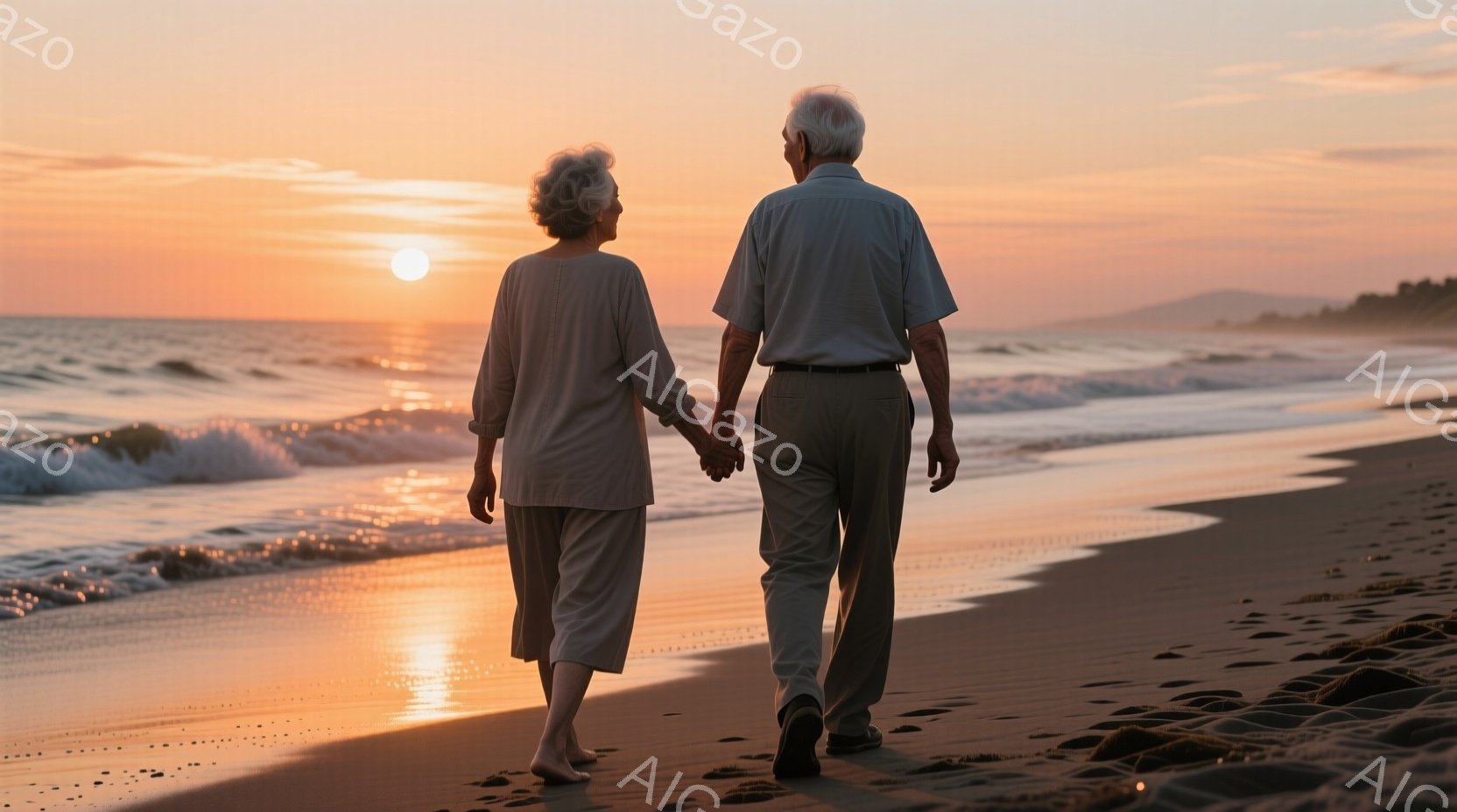 夕暮れ時の砂浜を、白髪の老夫婦が手をつないで歩いている。女性は薄いピンク色のシャツとゆったりとしたパンツを着用し、男性は明るいブルーのシャツにダークトーンのパンツを合わせている。背景には穏やかな波と、夕焼けに照らされた山々が広がり、温かく穏やかな雰囲気を醸し出している。