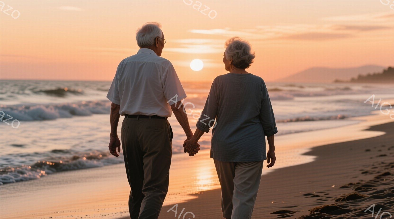 白髪の老夫婦が手をつないで浜辺を歩いている。男性は明るい色のシャツにズボン、女性はグレーのトップスにベージュのズボンを着用しており、夕焼けに照らされた砂浜が暖かく、穏やかな雰囲気を醸し出している。背景には穏やかな波が打ち寄せ、遠くに薄い山のシルエットが見える。