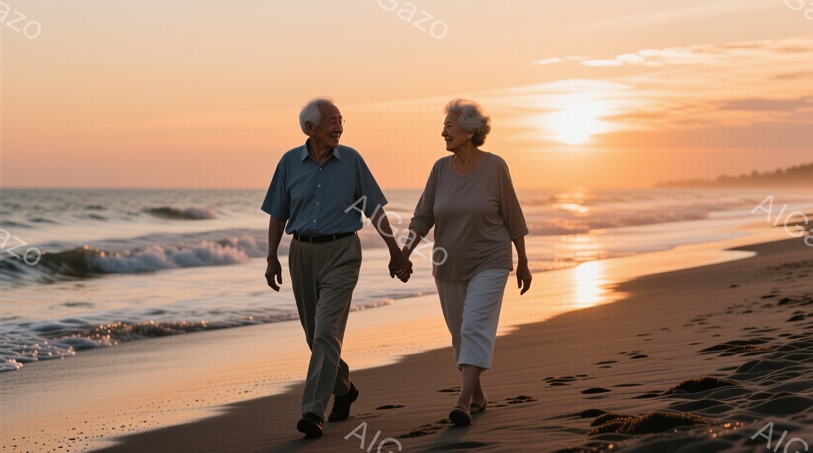 白髪の老夫婦が夕暮れの砂浜を腕を組んで歩いている。男性は薄いブルーのシャツにベージュ色のズボン、女性は淡いグレーのシャツとズボンを身につけ、穏やかな笑顔を浮かべている。背景には穏やかな波が打ち寄せ、夕 - AI生成フリー素材