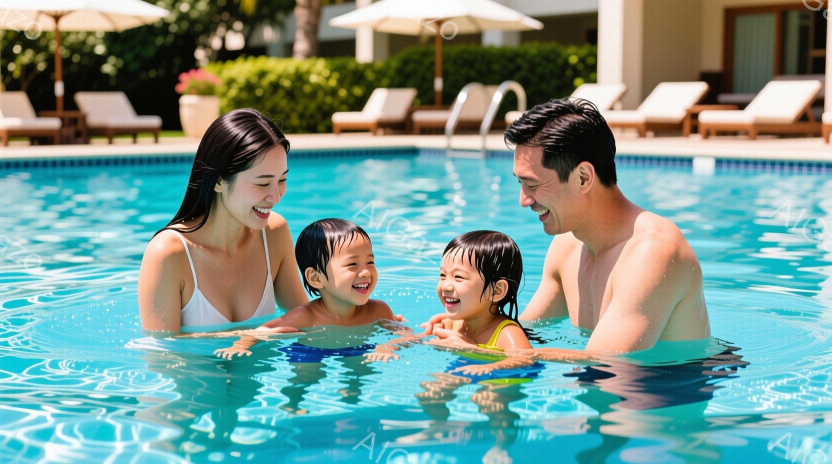家族がプールの中で楽しそうに笑っている様子が写っている。母親は白い水着、父親は濃い水着を着ており、それぞれ子供たちを抱きかかえている。背景にはプールサイドの白いチェアと緑豊かな植物が見え、晴れた日のリラックスした雰囲気が漂っている。