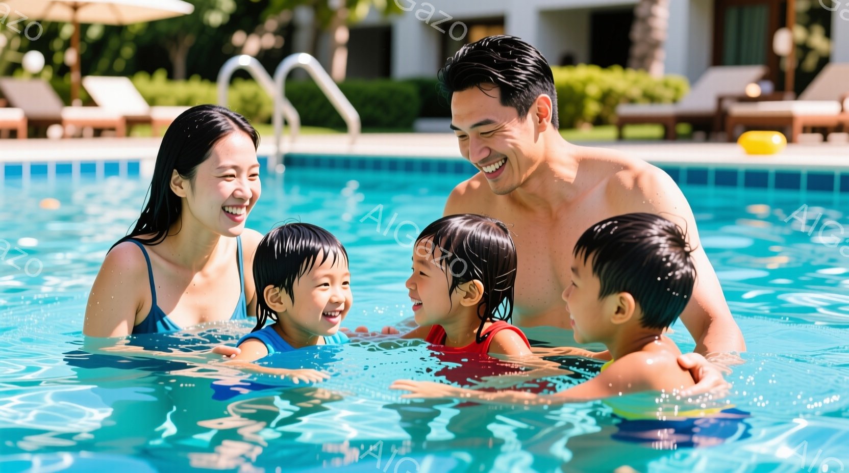 鮮やかな水色のプールの中で、笑顔の女性と3人の幼い子供たちが水遊びを楽しんでいます。女性は肩出しのワンピース水着を着ており、子供たちはカラフルな水着を着ています。背景には、白い建物、緑豊かな植物、そして晴天の空が広がり、家族水入りの穏やかで幸せな雰囲気が漂っています。