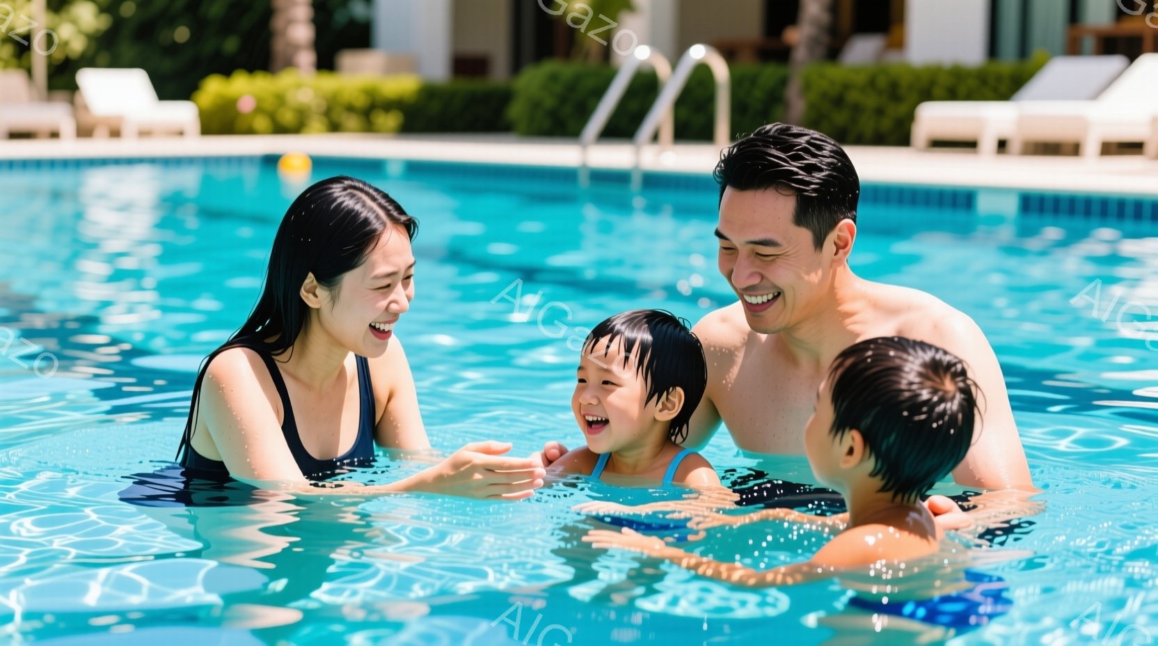 プールの中で、母親、父親、2人の子供が楽しそうに水遊びをしている様子が写っています。母親は黒い水着を着ており、笑顔で幼い娘と視線を合わせ、娘は嬉しそうに笑っています。父親と息子は水中で少し離れており、父親もまた笑顔で、全体的に家族の温かい繋がりと楽しい時間を過ごしている雰囲気が伝わってきます。