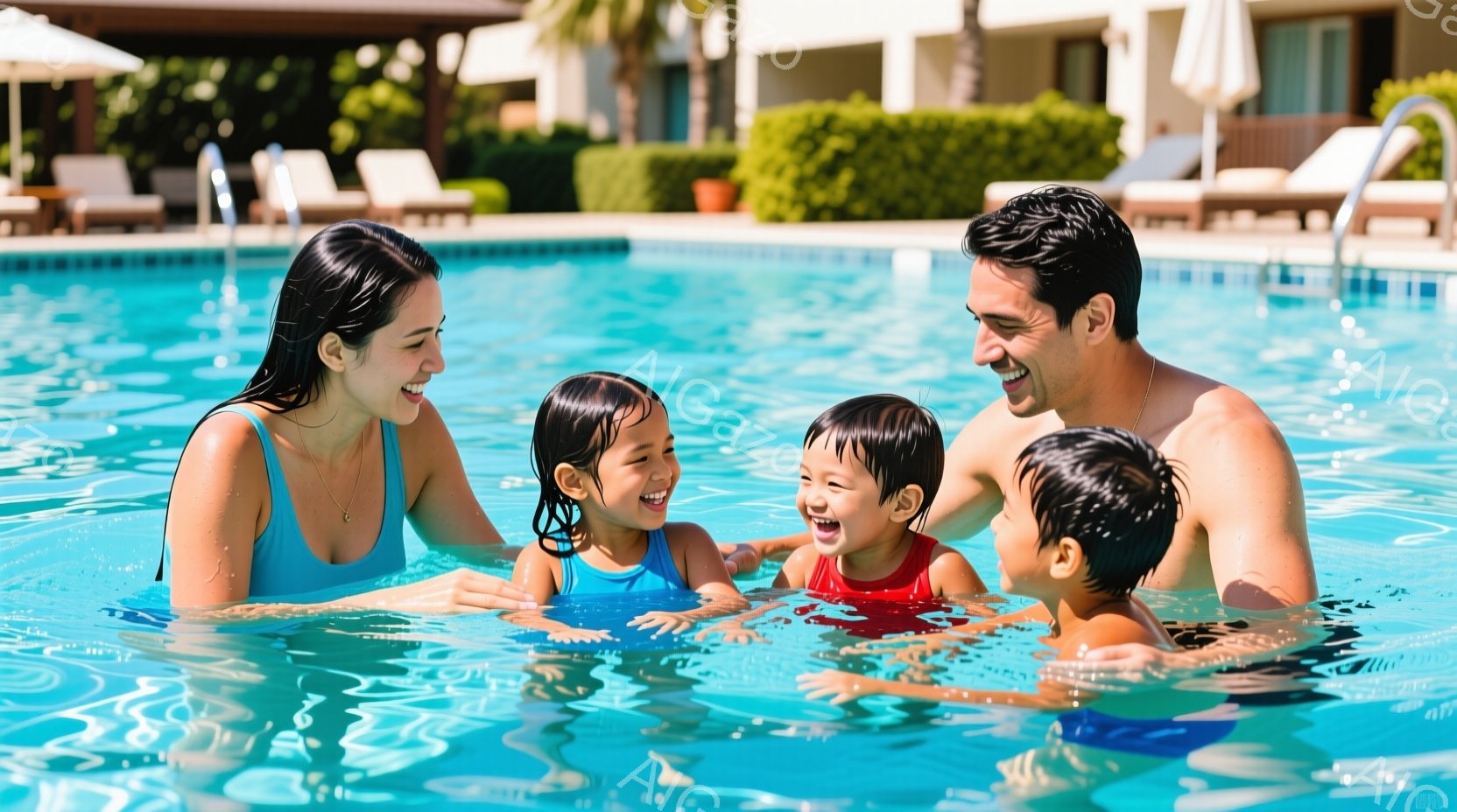 家族がプールの水中で楽しそうに笑っています。母親は水色の水着を着て髪を後ろで束ね、長女と向き合っています。父親は赤色の水着を着た次男を抱き、笑顔で長女を見つめており、背景にはプールサイドの白いデッキチェアと緑豊かな植物が見えます。