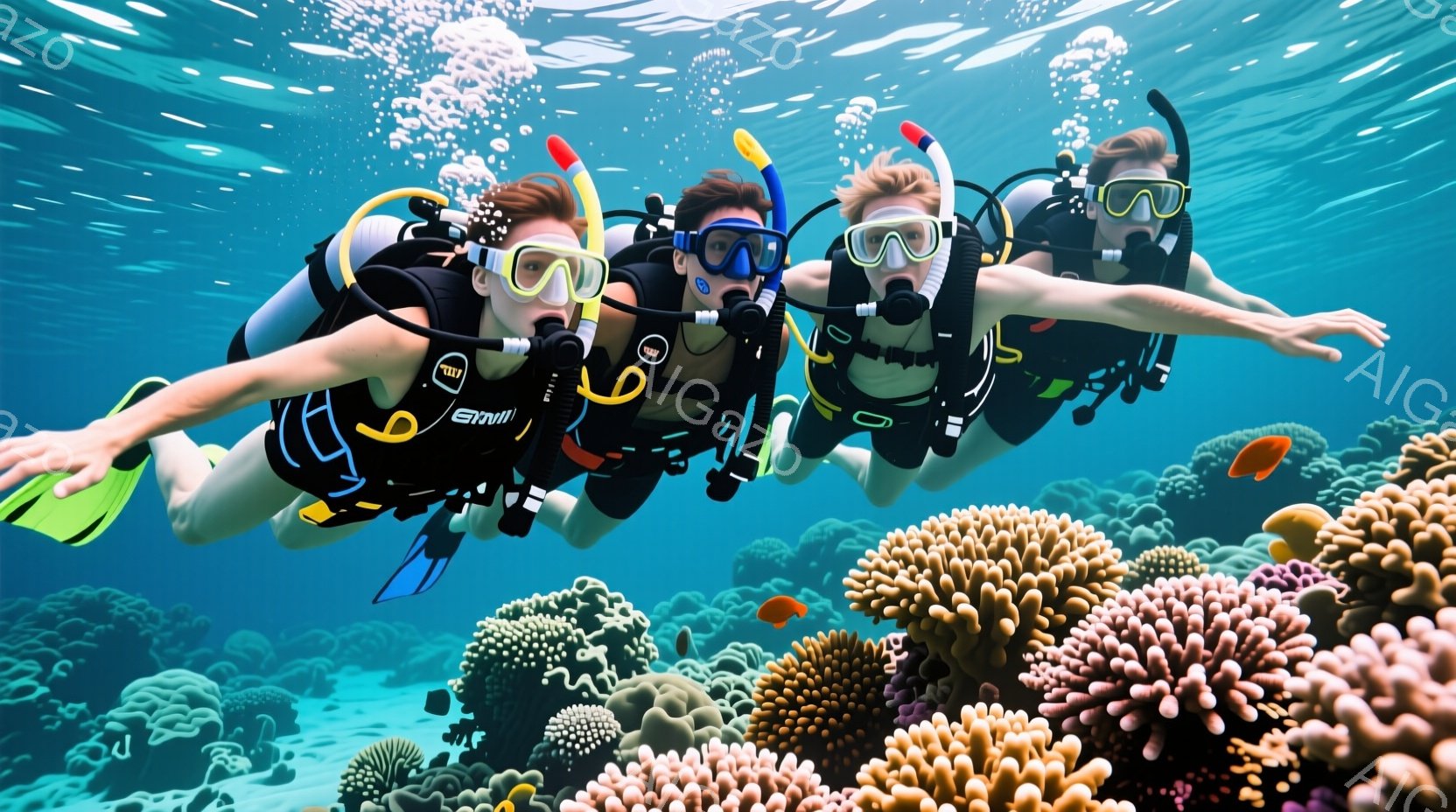 三人のダイバーが鮮やかな珊瑚礁の上を水平に泳いでいる様子が写っている。彼らは黒いウェットスーツ、ゴーグル、シュノーケル、フィンを着用し、顔には笑顔が見て取れる。背景には多様な珊瑚と水中の光が広がり、暖かく穏やかな雰囲気を醸し出している。