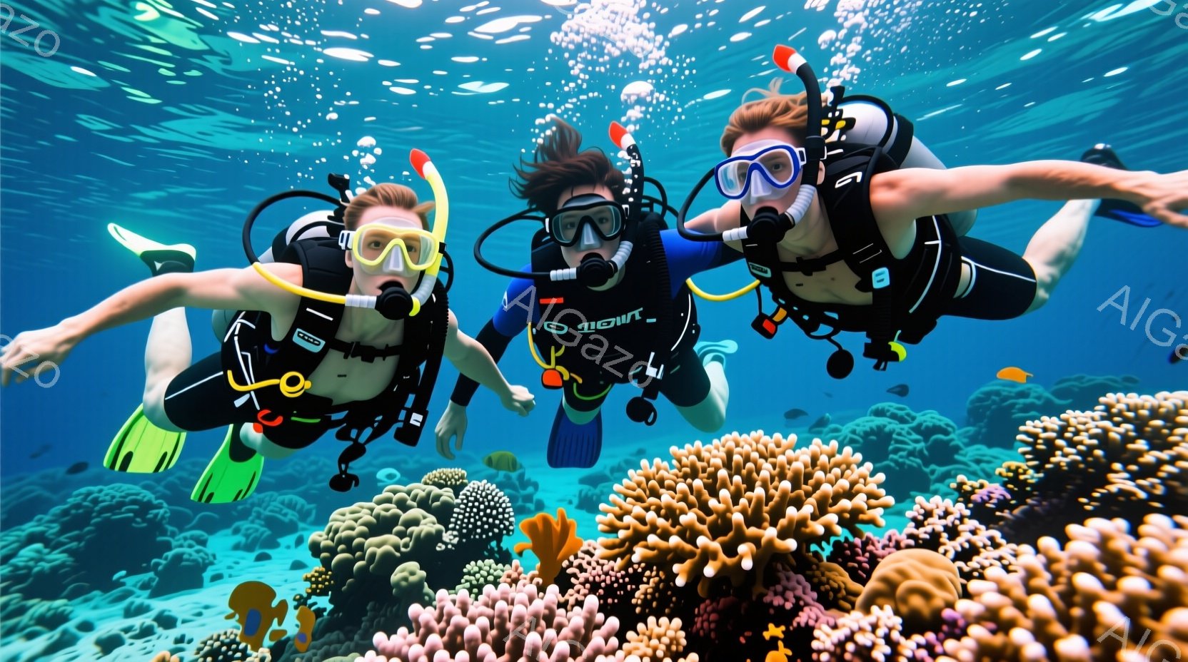 三人のダイバーが青い海中で泳いでいる。それぞれダイビングスーツを着用し、ゴーグルとシュノーケルを付けている。背景には、様々な色のサンゴ礁が広がり、水中の鮮やかな生態系を強調している。