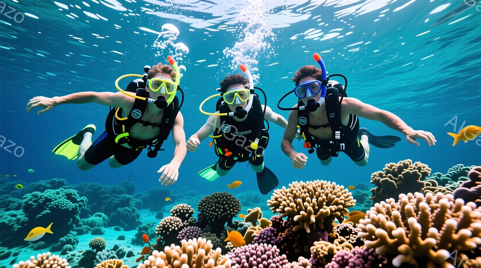 三人のダイバーが青い海中で泳いでいる。彼らはそれぞれダイビングスーツ、フィン、シュノーケル、ゴーグルを着用し、リラックスした表情で前方を向いている。背景には様々な種類のカラフルなサンゴ礁や小さな魚が見られ、水中に漂う泡が光の反射でキラキラと輝いている。