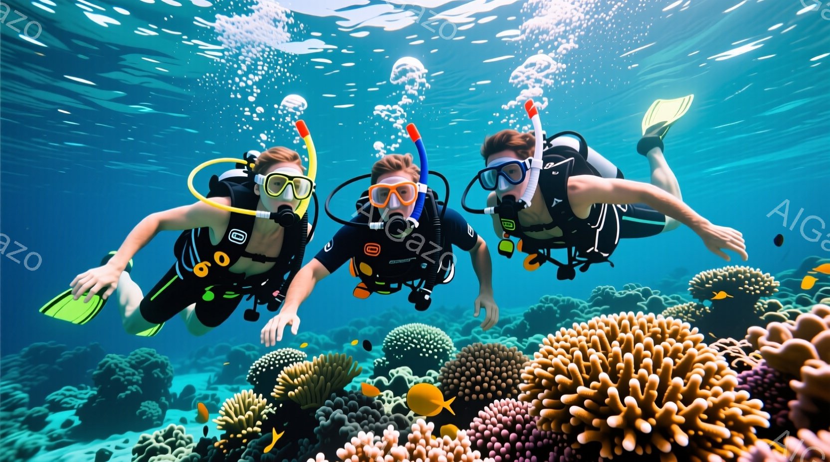 ３人のダイバーが鮮やかな珊瑚礁の中で泳いでいる。彼らは黒いウェットスーツとフィン、そして酸素マスクを装着し、リラックスした表情で海中を漂っている。背景には、様々な色の珊瑚や熱帯魚が密集しており、穏やかで美しい海洋の雰囲気を醸し出している。