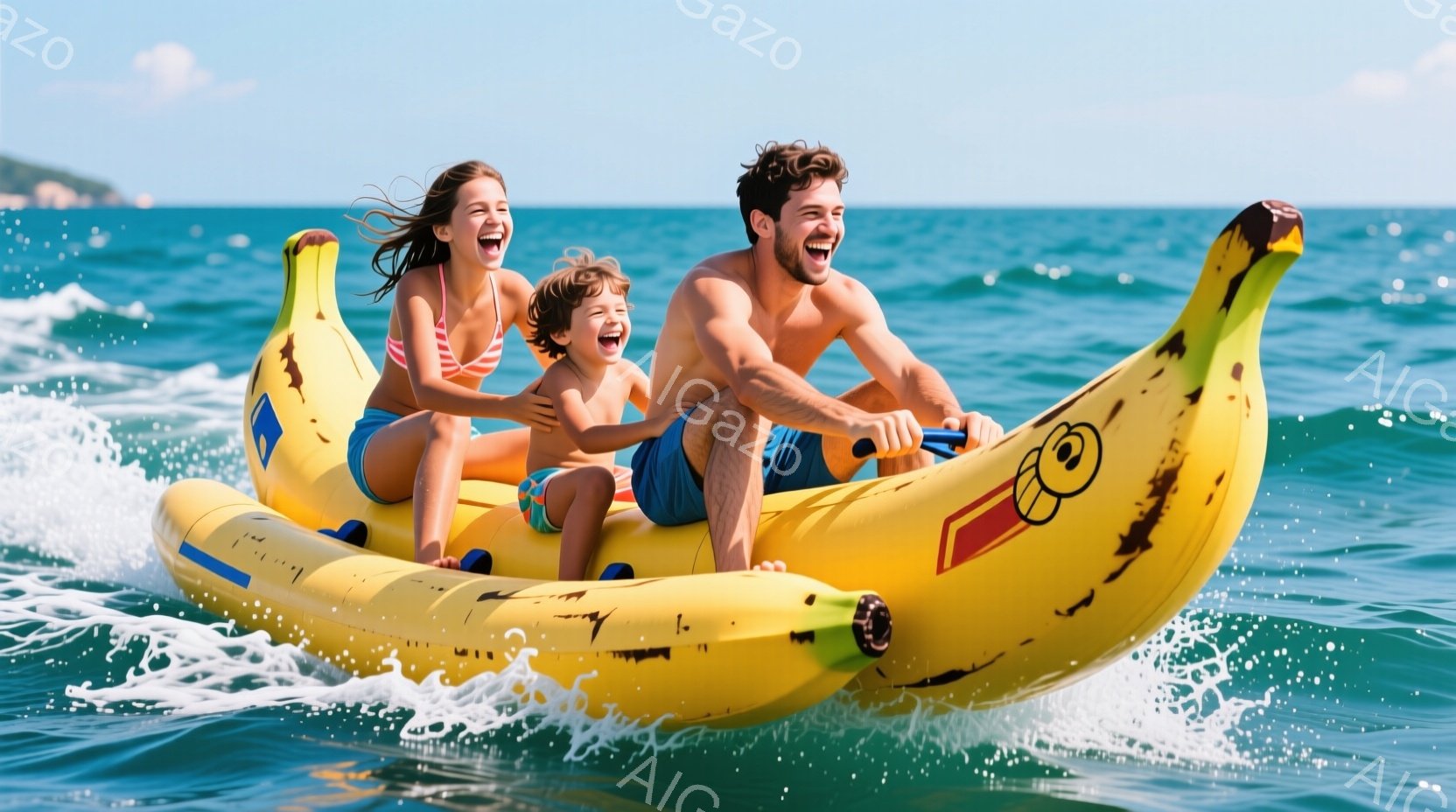 明るい青い海の上を、バナナ型のフロートに乗って女性と少年が楽しそうに進んでいる。女性は赤色の水着を着ており、少年は紺色の水着を着用し、ともに笑顔を見せている。背景には穏やかな波と遠くの山々が見え、晴れ - AI生成フリー素材