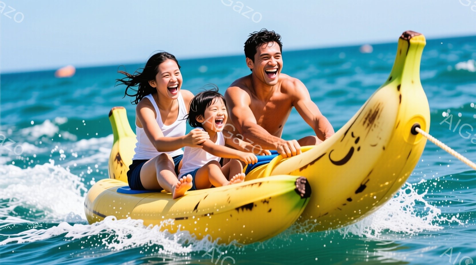 黄色いバナナボートに乗って海を走る女性と子供が写っています。女性は白いタンクトップと黒のショートパンツ、子供は明るい黄色の水着を着ており、二人とも満面の笑みを浮かべています。背景には青い海と波、そして - AI生成フリー素材