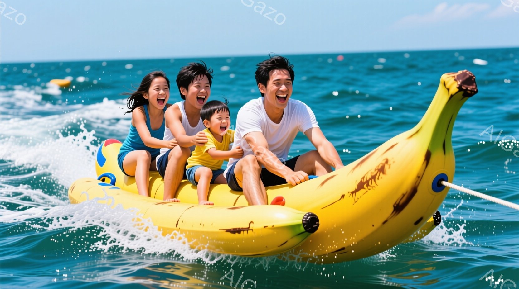 鮮やかな青い海の上を、バナナ型のフロートボートに乗った家族が楽しんでいる様子が写っている。母親はロングヘアで笑顔を見せ、息子は黄色いシャツを着て興奮した表情をしている。背景には穏やかな波が広がり、晴天 - AI生成フリー素材