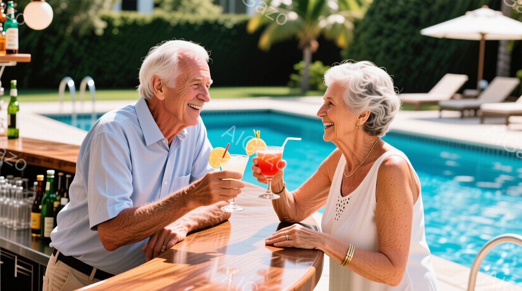 白髪の老夫婦がプールサイドのバーカウンターで向かい合って微笑み、カラフルなカクテルグラスを手にしている。男性は青いシャツ、女性は白いレースのブラウスを着ており、互いに見つめ合い、親密な雰囲気を醸し出している。背景には青いプール、デッキチェア、緑豊かな植物が見え、晴れた日のリラックスした情景が広がっている。