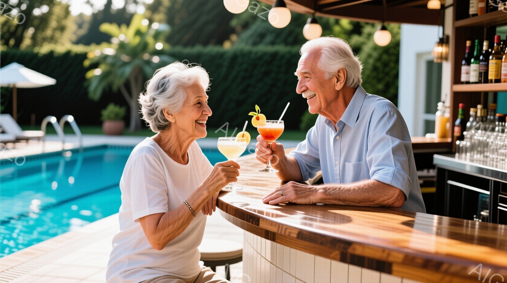 白髪の老夫婦がプールサイドのバーカウンターに座り、互いに微笑み合っています。女性は白いTシャツを着ており、男性は明るい青色のシャツを着ています。背景には青いプール、緑豊かな植物、そして晴れた空が広がっ - AI生成フリー素材