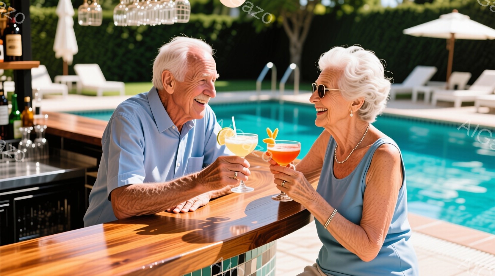 高齢の夫婦がプールサイドのバーカウンターに座り、それぞれグラスに入ったカラフルなカクテルを持って微笑み合っています。男性は水色のシャツを着ており、女性は水色のトップスとパールネックレスをしています。背景には青いプールと、パラソルが置かれた日光浴用のデッキチェアが見え、晴れた穏やかな夏の日の雰囲気が漂っています。